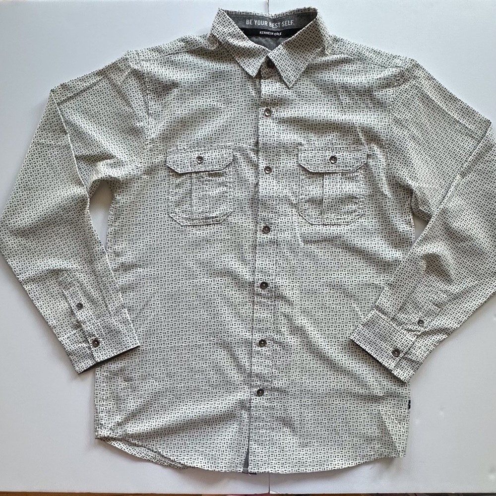 Kenneth Cole black white geo print long sleeve button down shirt menโsโ 14/16
